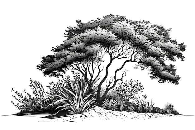 Photo black and white pencil drawing of a bush