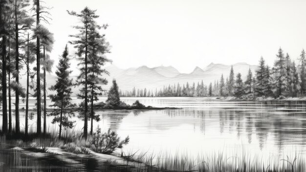 Photo black and white pencil drawing of a lake with pine trees