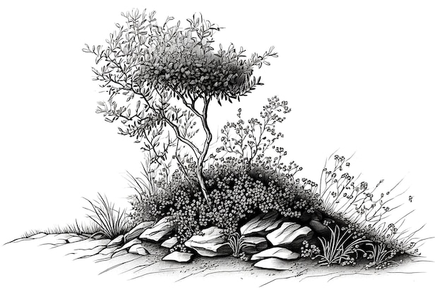 Photo black and white pencil drawing of a tree in the bush