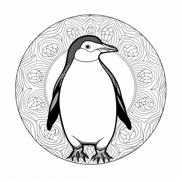 Photo a black and white penguin sitting on a circular patterned plate generative ai