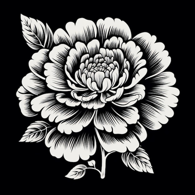 Photo black and white peony flower print woodcutinspired graphic design