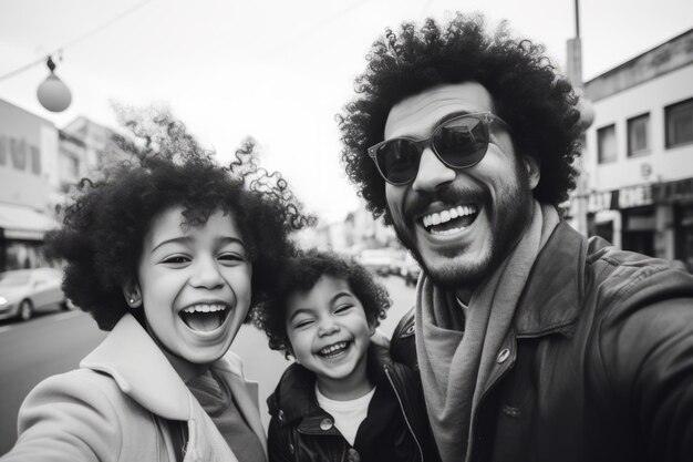 Photo a black and white photo of an african american family taking a selfie