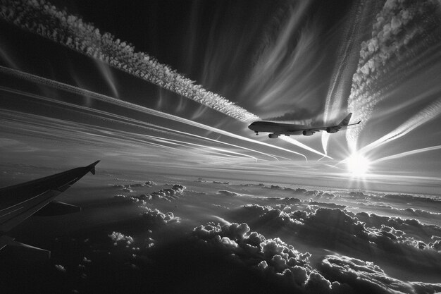 Photo a black and white photo of airplanes flying in the sky with the sun behind them