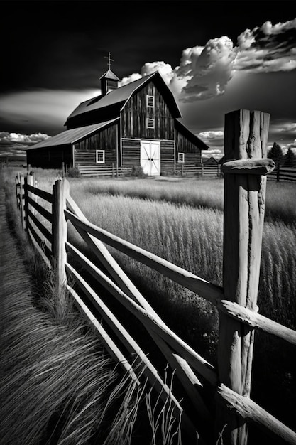 Photo a black and white photo of barn with fenced in area generative ai