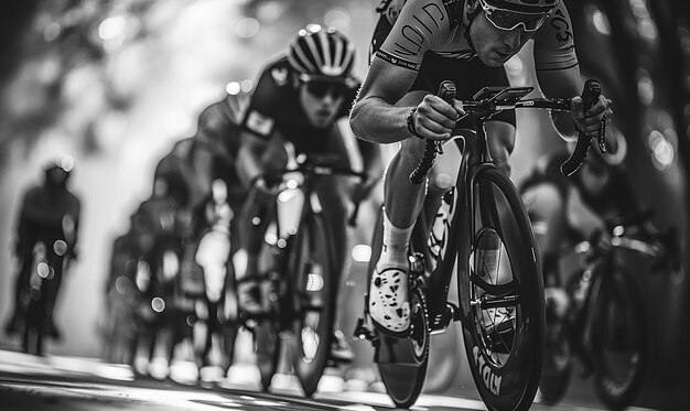 a black and white photo of a bicyclist in a race