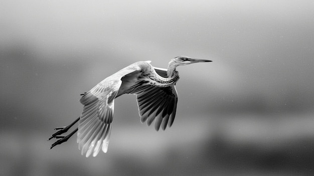 A black and white photo of a bird flying