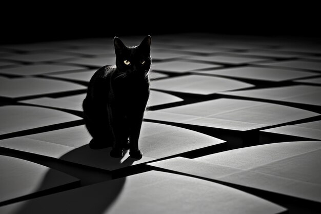 Black and white photo of black cat on square stone background