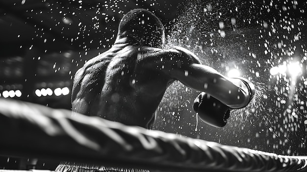 Photo black and white photo of a boxer throwing a punch in a boxing ring the boxer is in the foreground and is out of focus