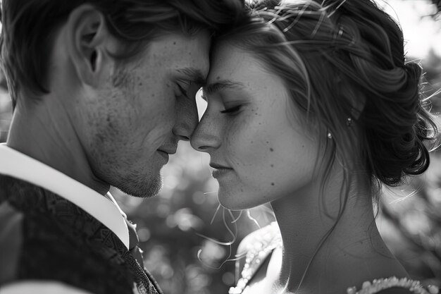 A black and white photo of a bride and groom