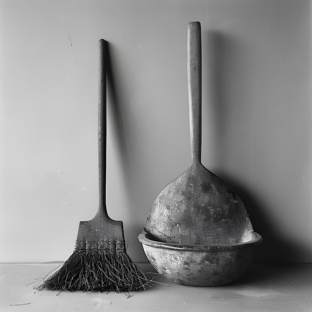 Photo a black and white photo of a broom and a bowl