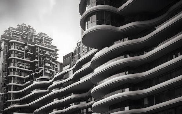 A black and white photo of a building with a building in the background.