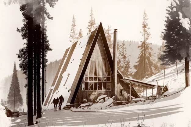 Черно-белая фотография здания с дымоходом и надписью «зима» на лицевой стороне.