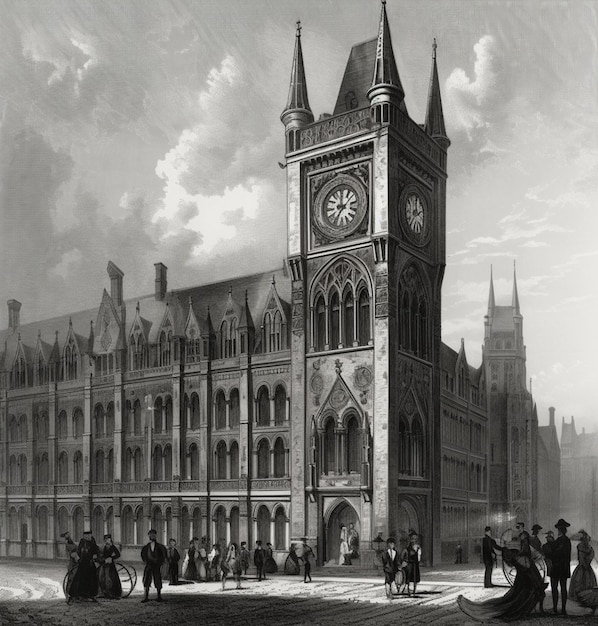 A black and white photo of a building with a clock on the front and a clock on the top.
