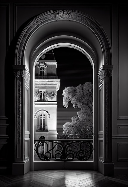 Foto una foto in bianco e nero di un edificio con un orologio in cima.