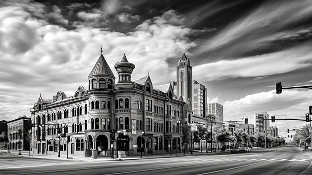 a black and white photo of a building with a clock tower in the background.