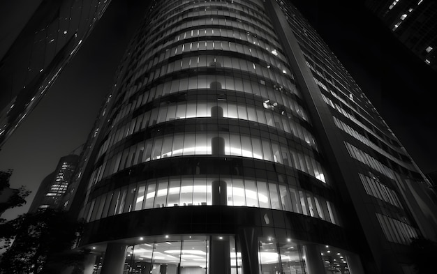 A black and white photo of a building with a glass facade and the word bank on the bottom.