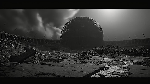 a black and white photo of a building with a large round structure in the background