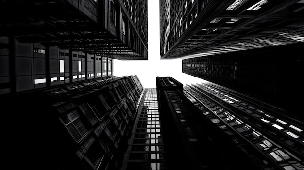 A black and white photo of a building with a sky background