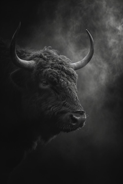 a black and white photo of a bull