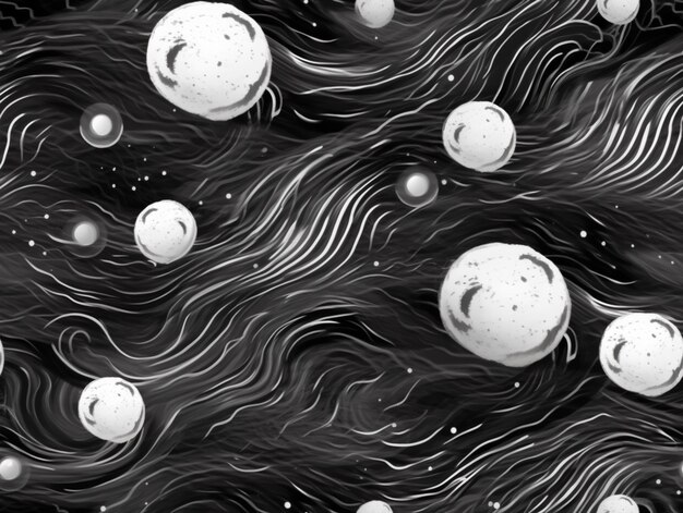 a black and white photo of a bunch of balls in a space generative ai