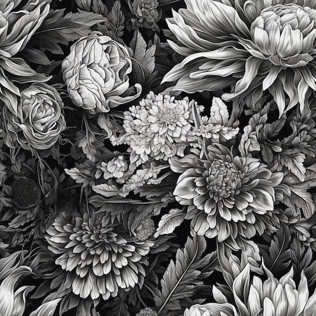 A black and white photo of a bunch of flowers generative ai