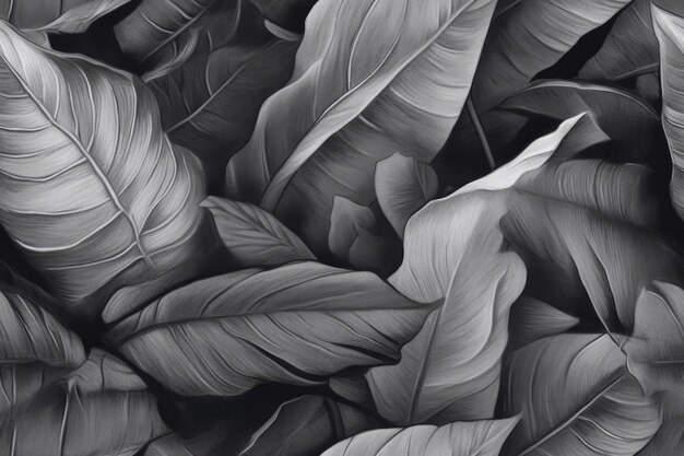 A black and white photo of a bunch of leaves