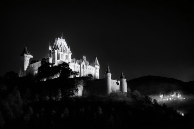 A Black And White Photo Of A Castle At Night