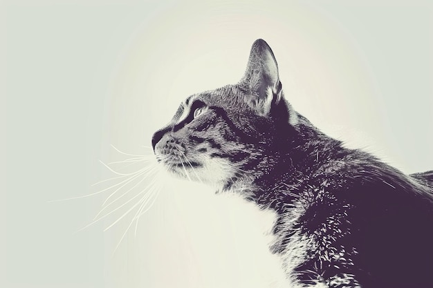 A black and white photo of a cat looking up