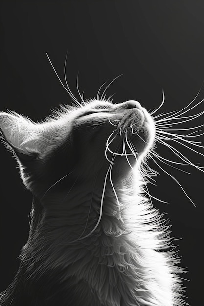 A black and white photo of a cat looking up