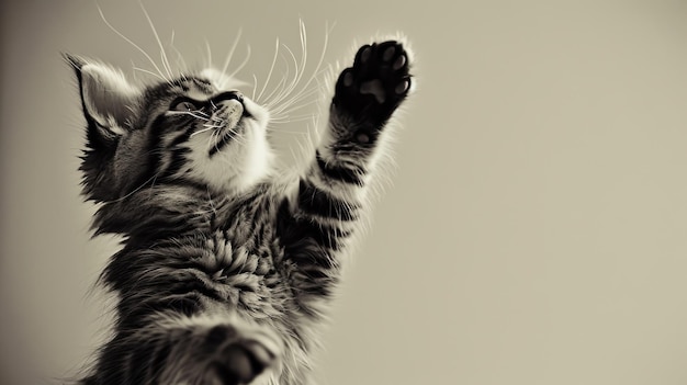 A black and white photo of a cat reaching up