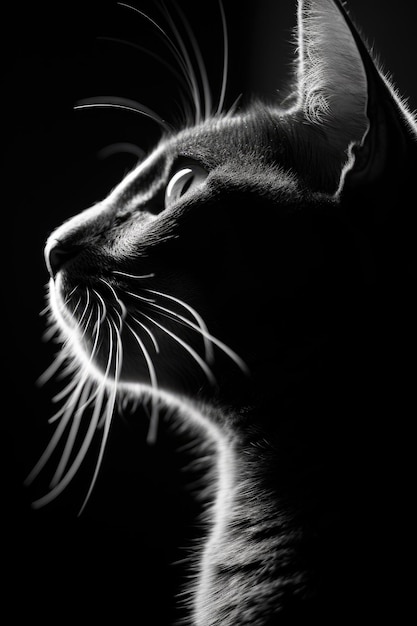 A black and white photo of a cat with whiskers on its face
