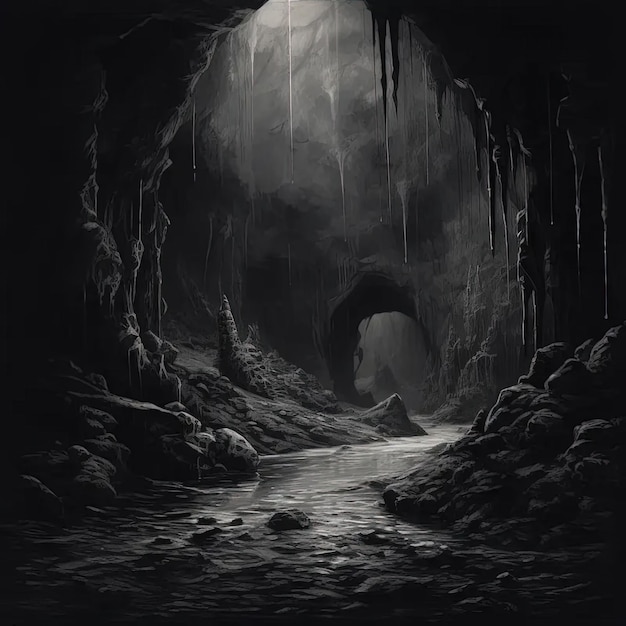 A black and white photo of a cave