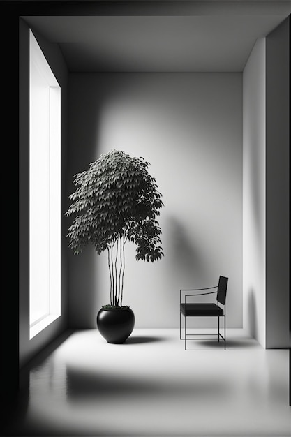 Black and white photo of a chair and a tree generative ai