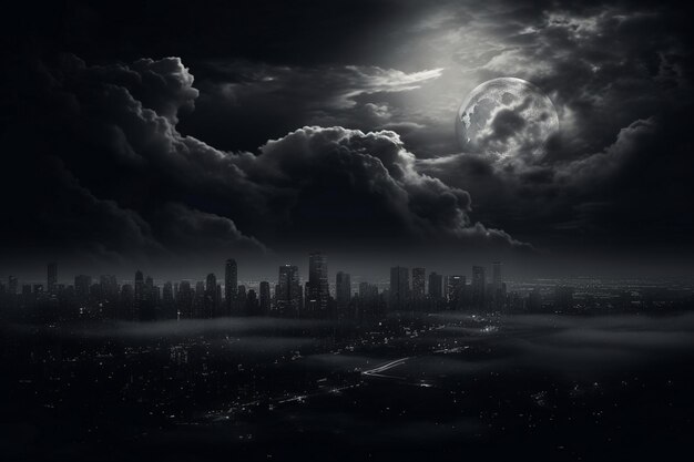 A black and white photo of a city sky