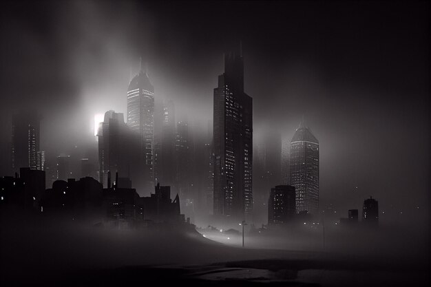 A black and white photo of a city skyline in the fog with skyscrapers in the distance and fog in the air with a dark sky in the background and a low layer of fog Generative AI