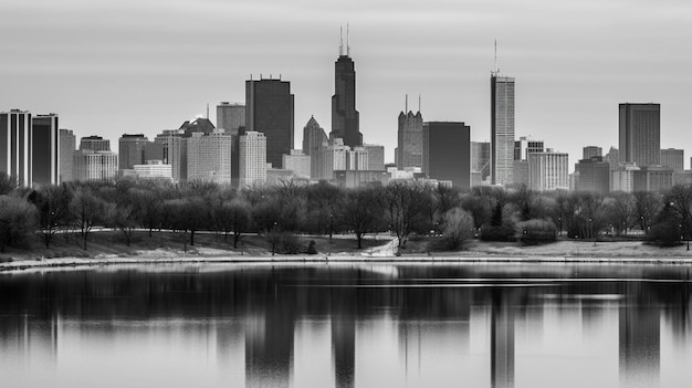 Photo a black and white photo of a city skyline with the chicago skyline in the background.