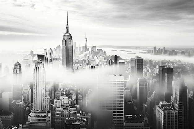 a black and white photo of a city skyline with a city in the background