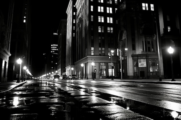 Photo a black and white photo of a city street at night