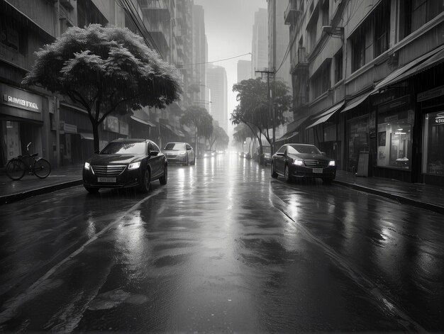 자동차 와 자전거 를 가진 도시 거리의 흑백 사진