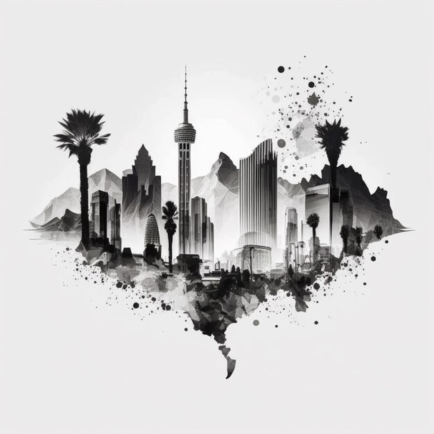 A black and white photo of a city with palm trees generative ai