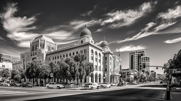 a black and white photo of a city with a sign that says " the name of the city ".