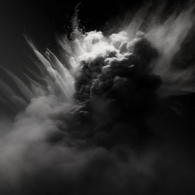 A black and white photo of a cloud of smoke and a person in the middle of it.