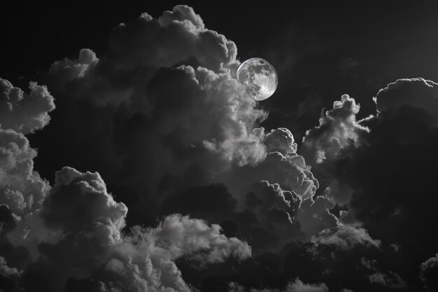 A black and white photo of clouds and a full moon