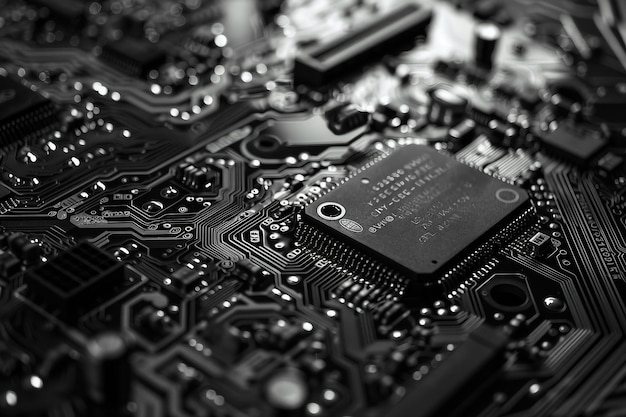 A black and white photo of a computer motherboard