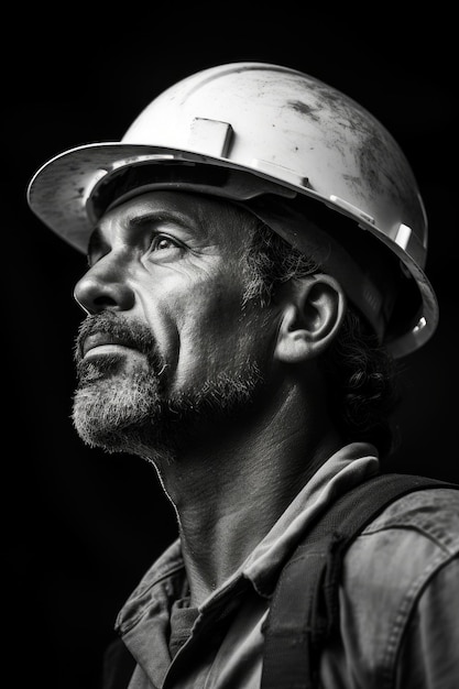 Black and white photo of construction worker man with helmet