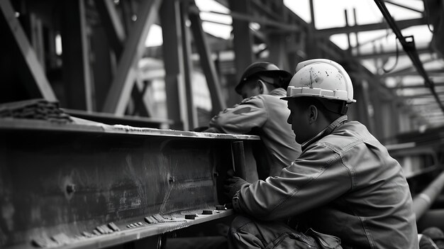 Photo black and white photo of a construction worker wearing a hard hat and safety glasses kneeling down while measuring a steel beam with a tape measure