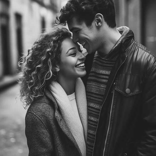 Black and white photo of a couple smiling and looking at each other