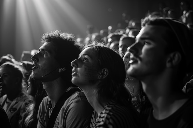 A black and white photo of a crowd of people