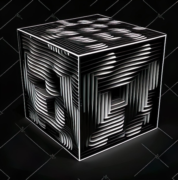 A black and white photo of a cube with the word co on it