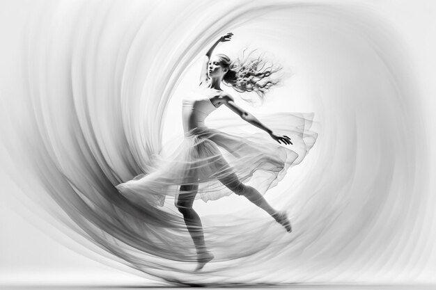 A black and white photo of a dancer with flowing hair.